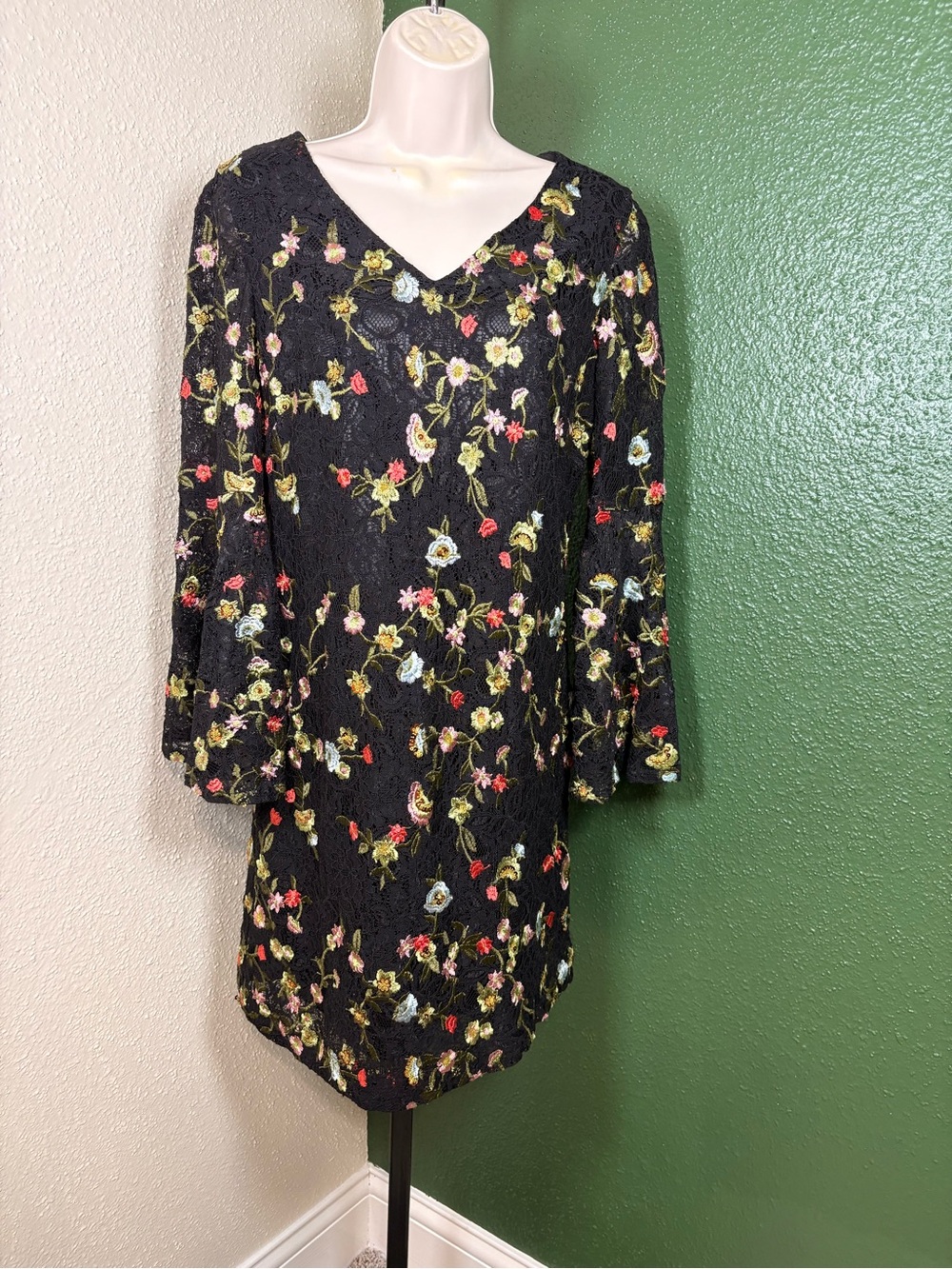 Black Floral Embroidered V-Neck Dress Bell Sleeves